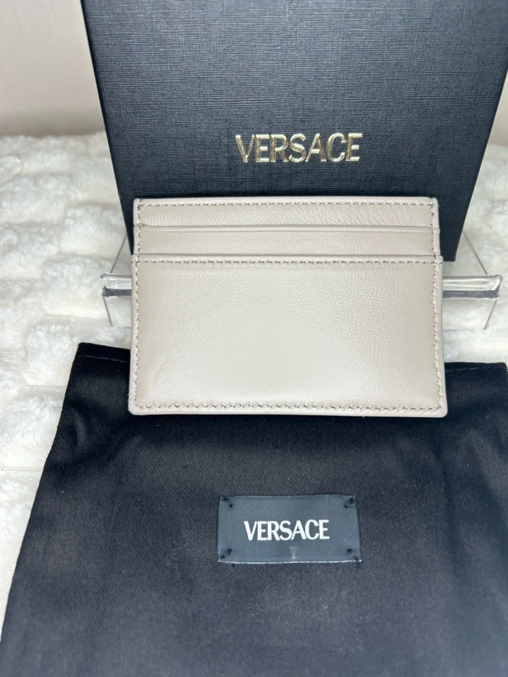 Versace Quilted Card Holder in Beige with Gold Medusa Accent